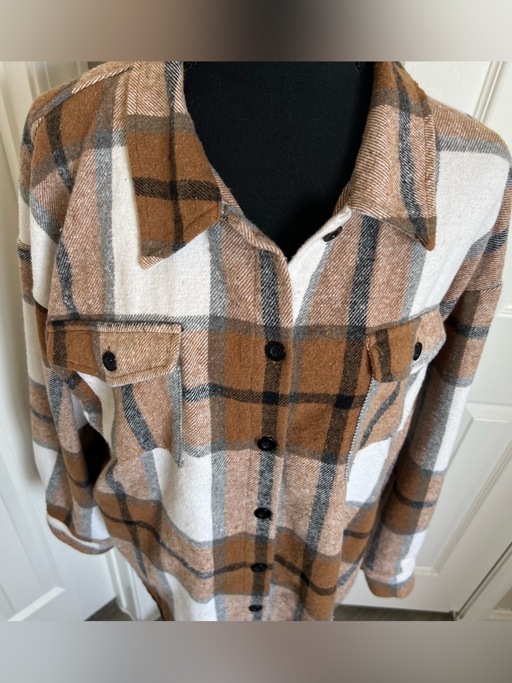 Brown Plaid Button Up Flannel Shacket Shirt Jacket Western Cowgirl Size XL 16-18 - Picture 5 of 16